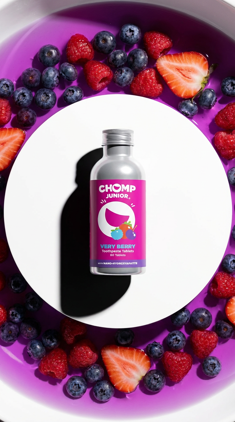 Chomp Junior supplement bottle surrounded by strawberries and blueberries on a white plate with a purple rim.