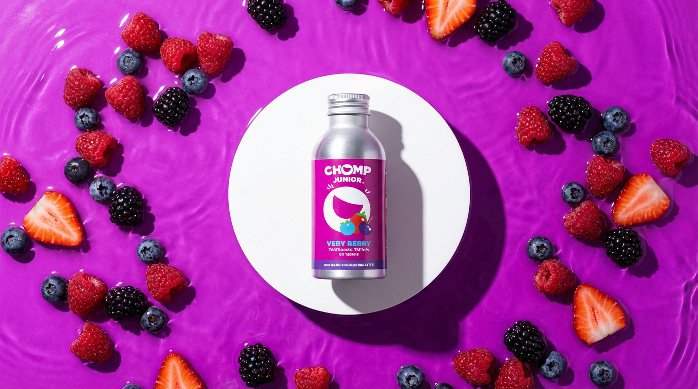 Chomp Junior bottle on a purple background with berries