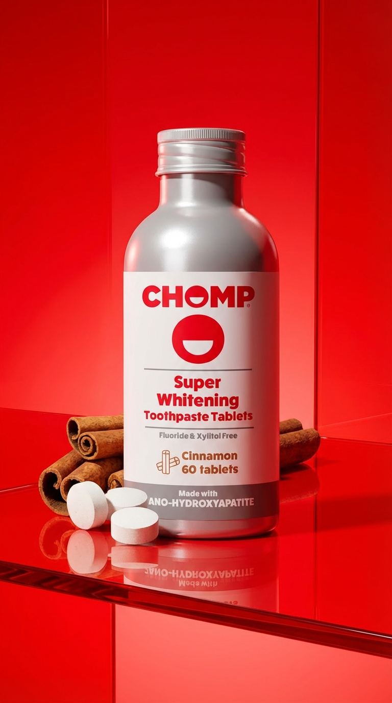 Bottle of CHOMP Super Whitening Toothpaste Tablets on a red background