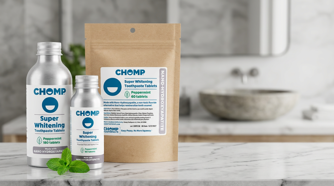 Three CHOMP Super Whitening toothpaste-related products are arranged on a marble surface in a bright bathroom setting: a large silver bottle, a small silver bottle, and a kraft pouch. The background shows a softly blurred sink and mirror.