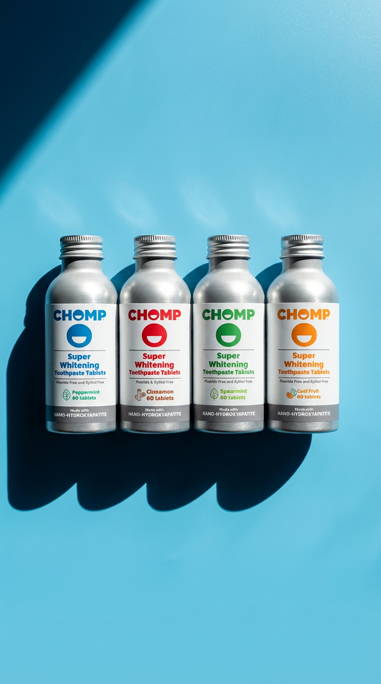 Four CHOMP super whitening product bottles on a blue background