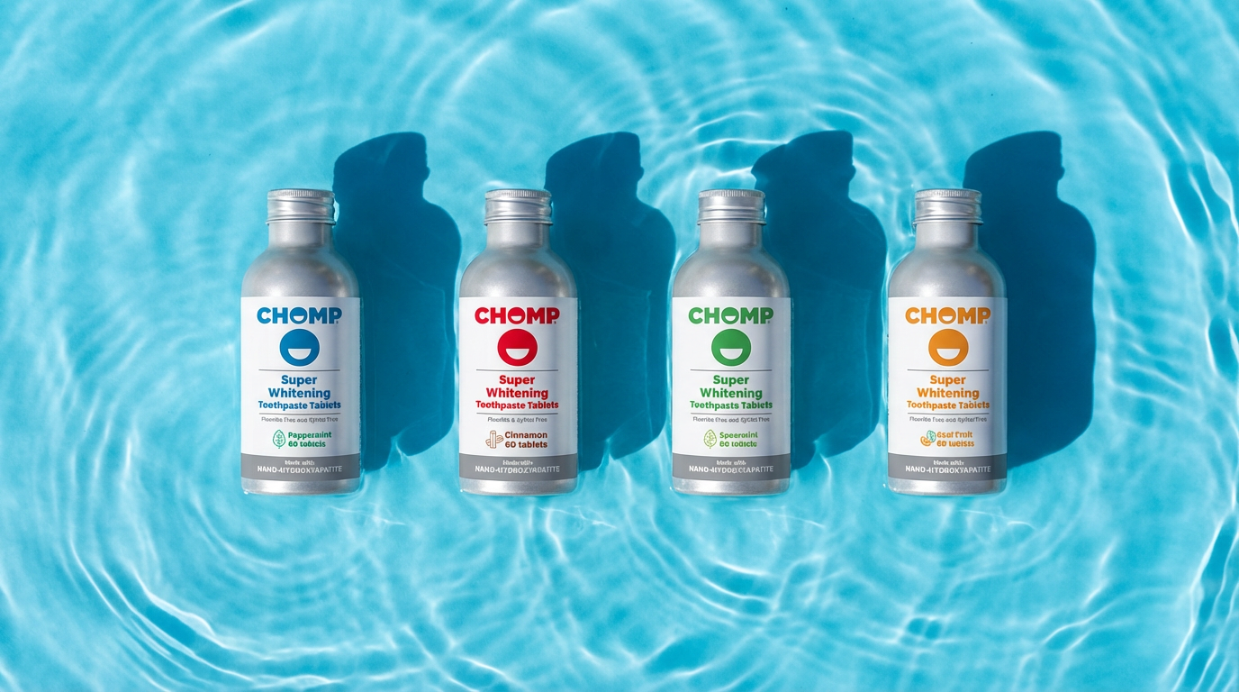 Four CHOMP bottles with different flavors on a blue water background