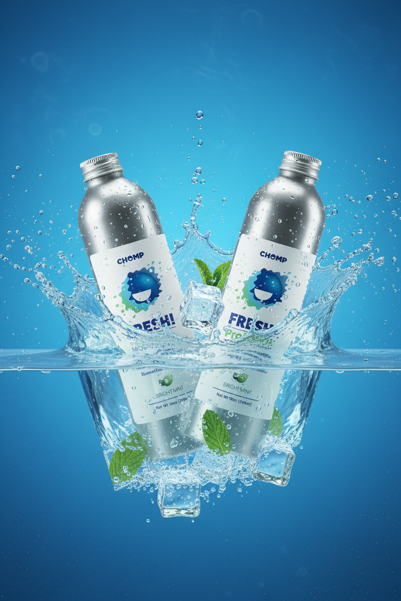 Two silver bottles labeled 'Champ' with a blue logo on a blue water splash background.