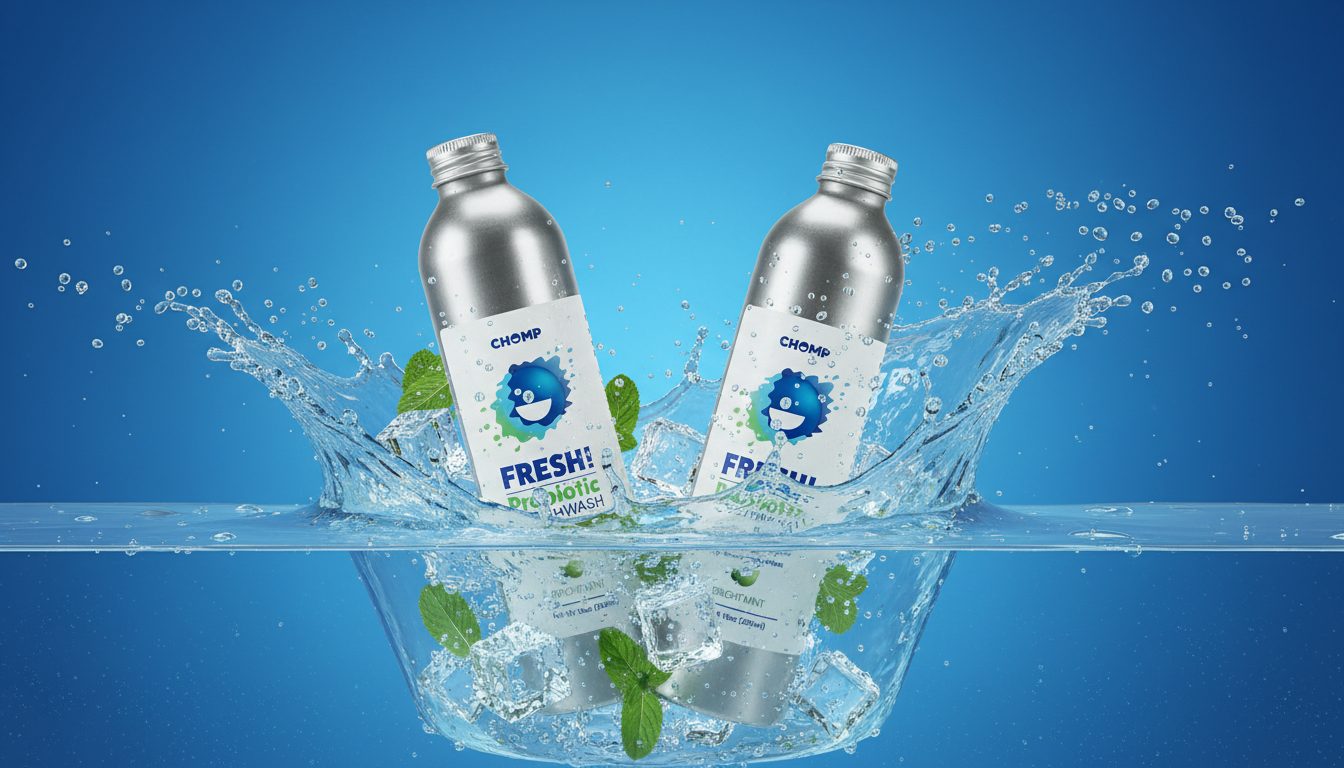 Two bottles of 'FRESH!' water with a blue background and water splashes.