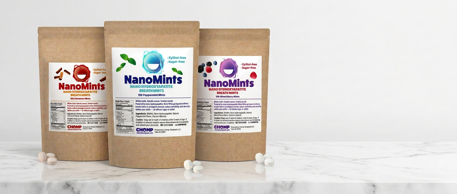 Three stand-up kraft paper pouches of NanoMints mouth freshener are arranged on a white marble surface against a light gray background. The center pouch is upright and in front of the two side pouches, which are slightly angled.