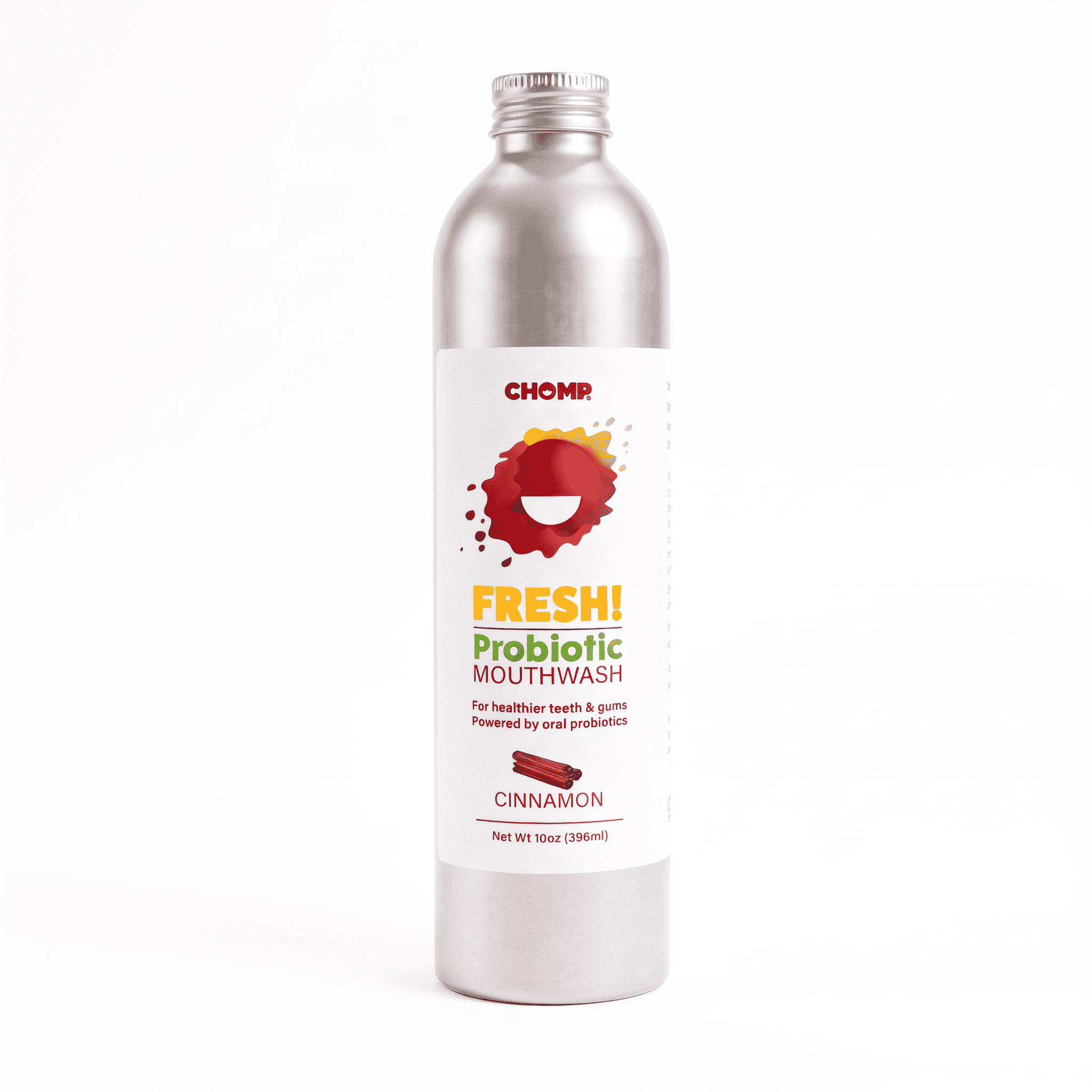 A silver metal bottle of CHOMP Fresh! Probiotic Mouthwash in Cinnamon flavor, featuring a white label with red, yellow, and green text and graphics, set against a plain white background.