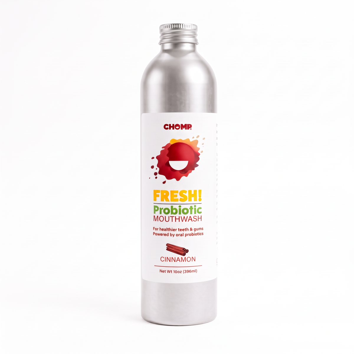 A silver metal bottle of CHOMP Fresh! Probiotic Mouthwash in Cinnamon flavor, featuring a white label with red, yellow, and green text and graphics, set against a plain white background.