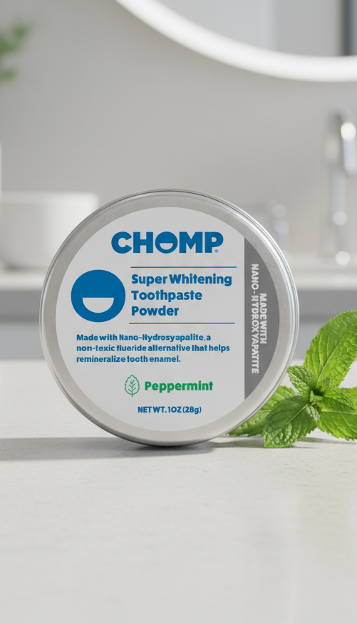 CHOMP super whitening toothpaste powder container on a bathroom counter with a mirror in the background.