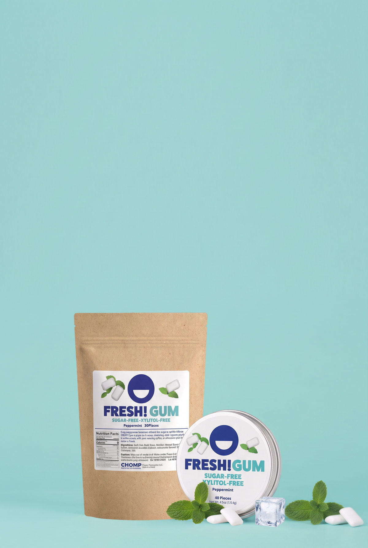 Freshi Gum sugar-free kito-free gum packaging, featuring a brown kraft pouch and a round tin with a white lid, styled with mint leaves and gum pieces on a solid light blue background.