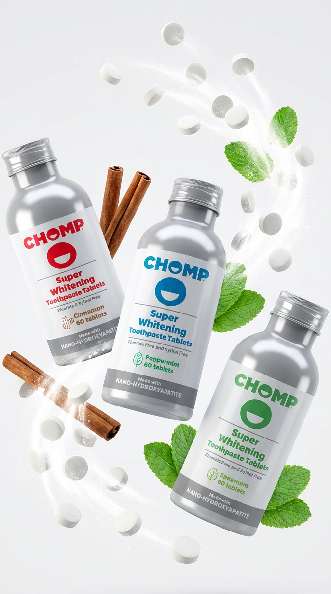 Three bottles of CHOMP toothpaste with dental floss, cinnamon sticks, and mint leaves on a white background.