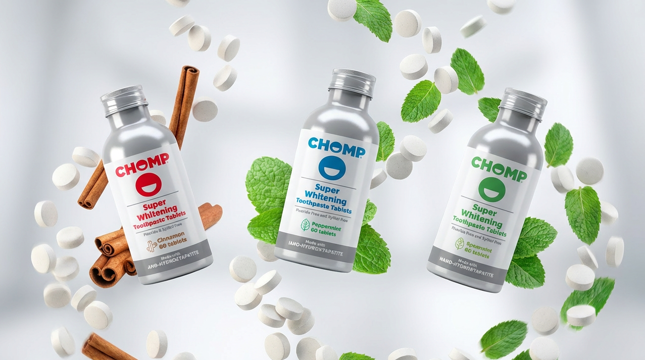 Three CHOMP bottles with cinnamon sticks, mint leaves, and marshmallows on a light gray background