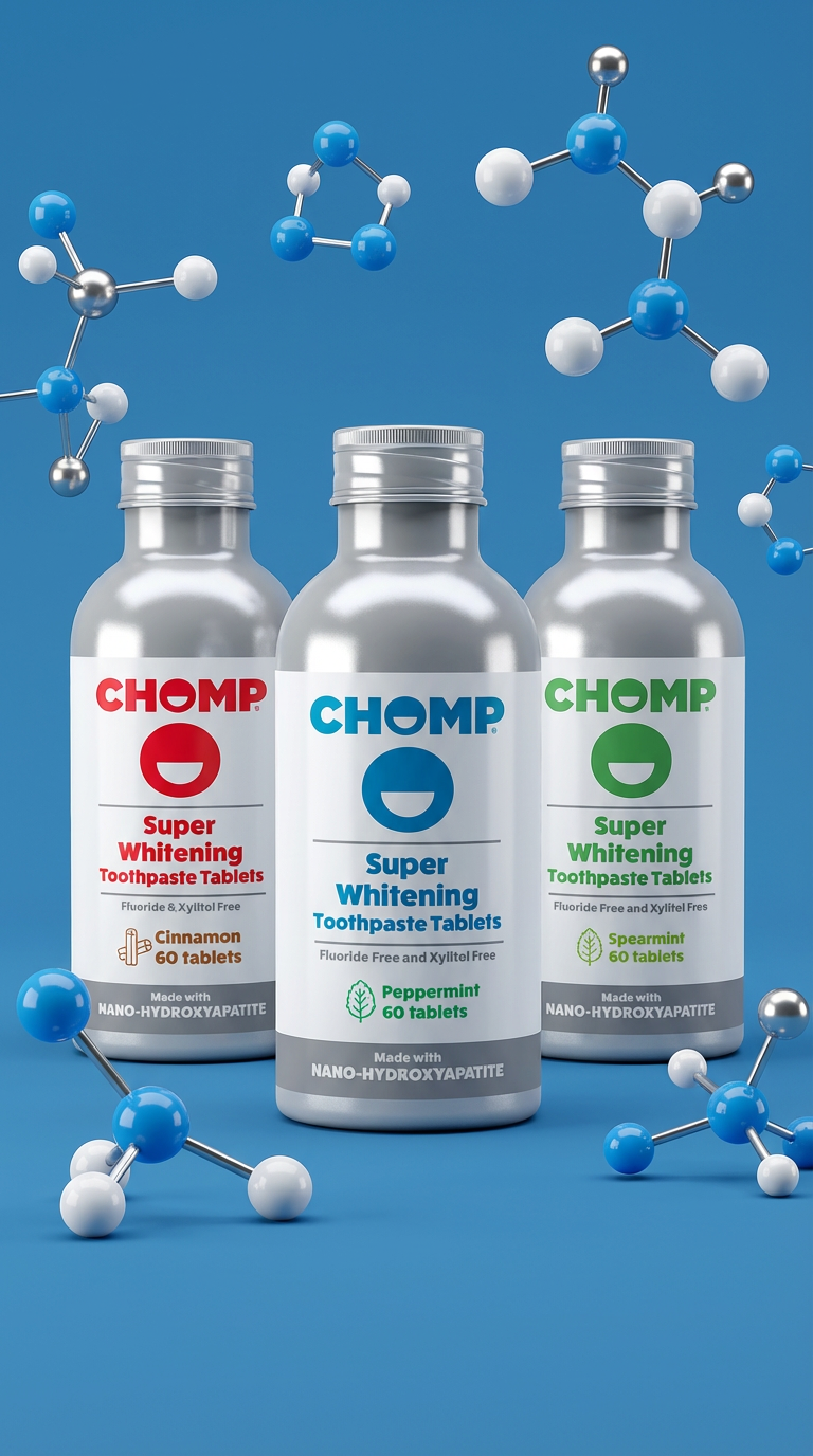 Three bottles of CHOMP Super Whitening Toothpaste Tablets on a blue background with molecular models.