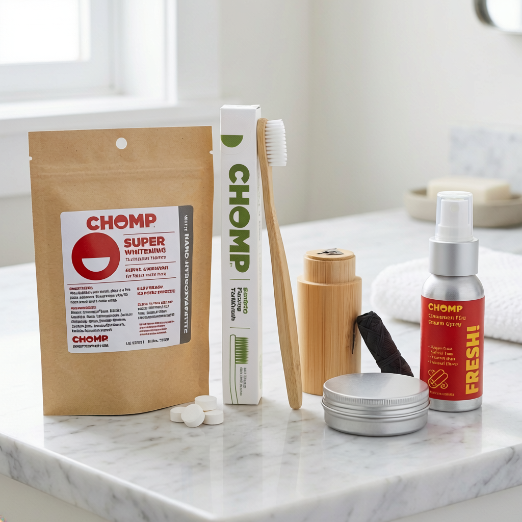 Collection of CHOMP dental care products on a marble surface.