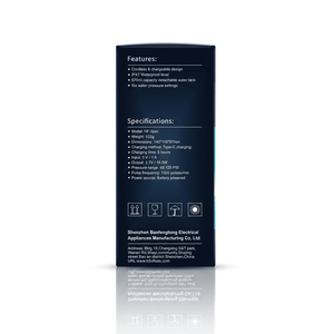 The back of a dark blue product box with printed specifications and features text, shown on a white background with a faint reflection below.