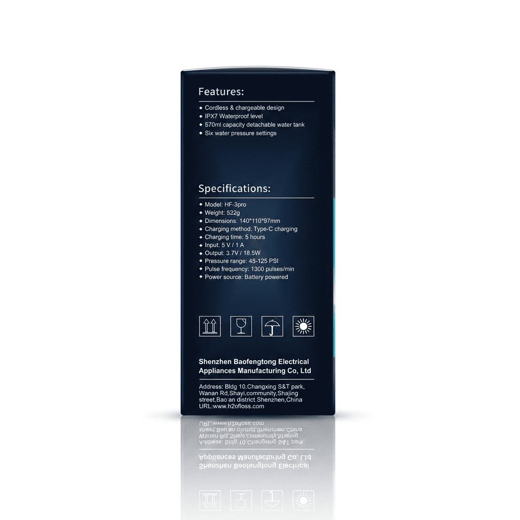 The back of a dark blue product box with printed specifications and features text, shown on a white background with a faint reflection below.
