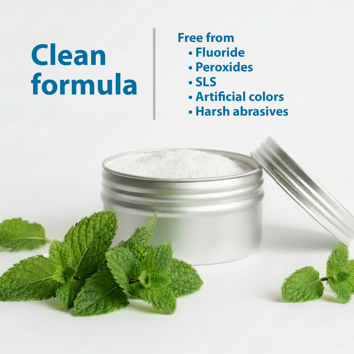 Silver jar with a lid, surrounded by mint leaves on a white background, with text about a 'clean formula'.