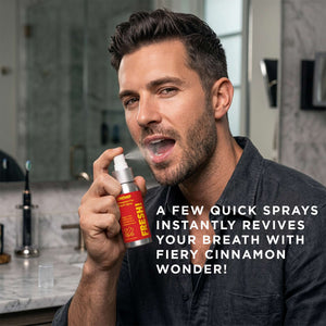 Man holding a breath freshener spray with promotional text in a bathroom setting