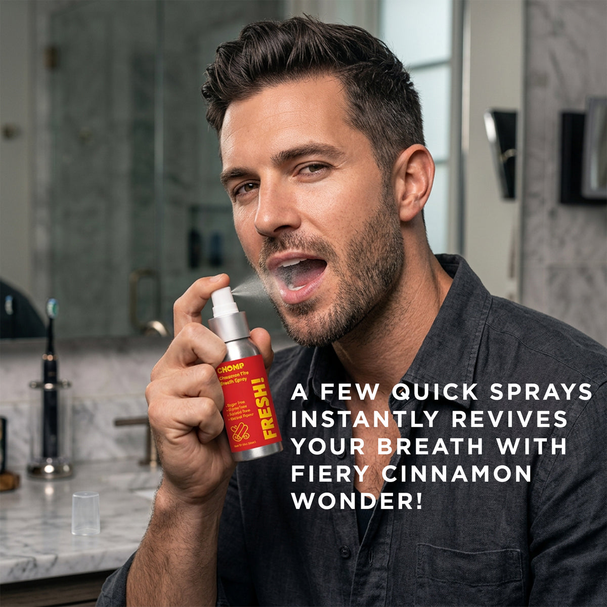 Man holding a breath freshener spray with promotional text in a bathroom setting