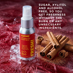 Chomp cinnamon fire breath spray with cinnamon sticks and ice cubes on a red background