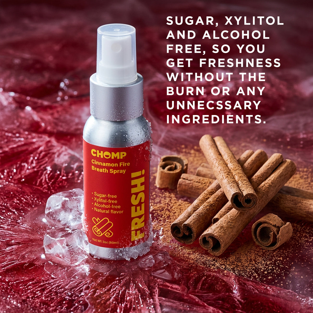 Chomp cinnamon fire breath spray with cinnamon sticks and ice cubes on a red background