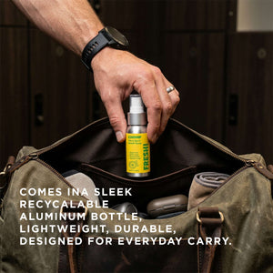 Hand placing a spray bottle into a bag with text about recyclable aluminum bottle.