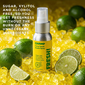 Chomp breath spray bottle with lime slices and text about product features