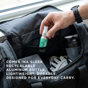 Person holding a spray bottle labeled 'ESHI' over an open suitcase with text about the product's features.