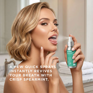 Woman using a breath freshener spray with text about its effects.