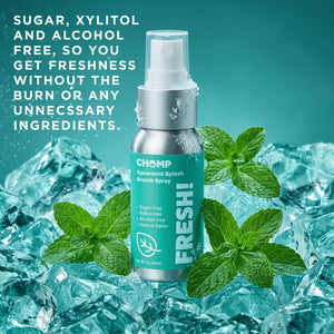 Chomp Spearmint Splash Breath Spray bottle with mint leaves and ice cubes on a teal background