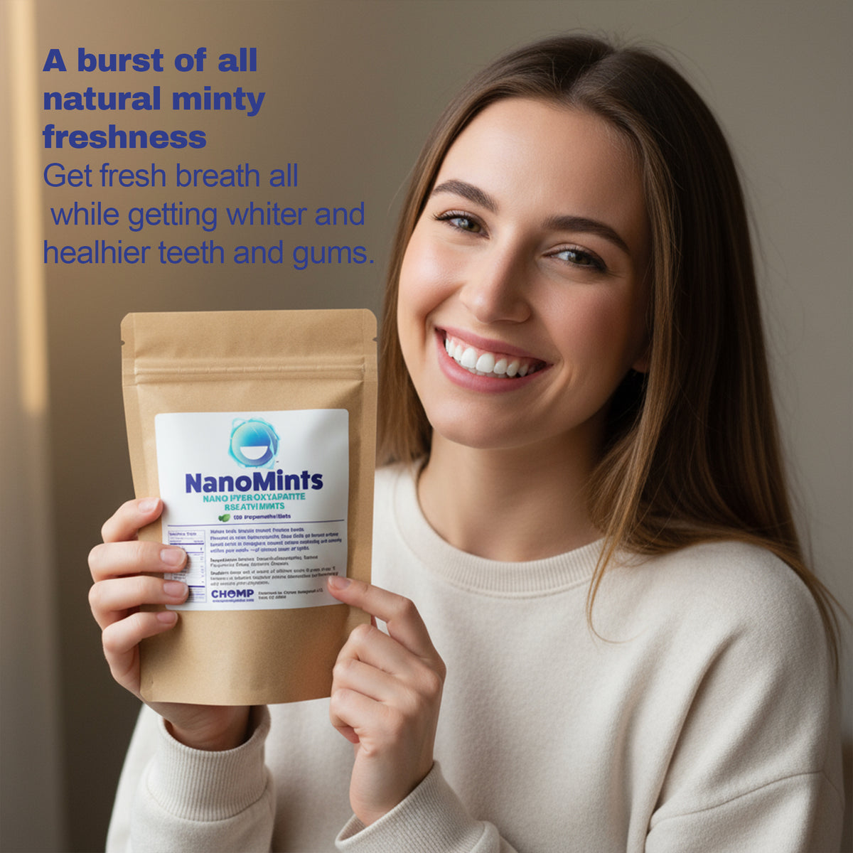Woman holding a package of NanoMints with promotional text about fresh breath and dental health.