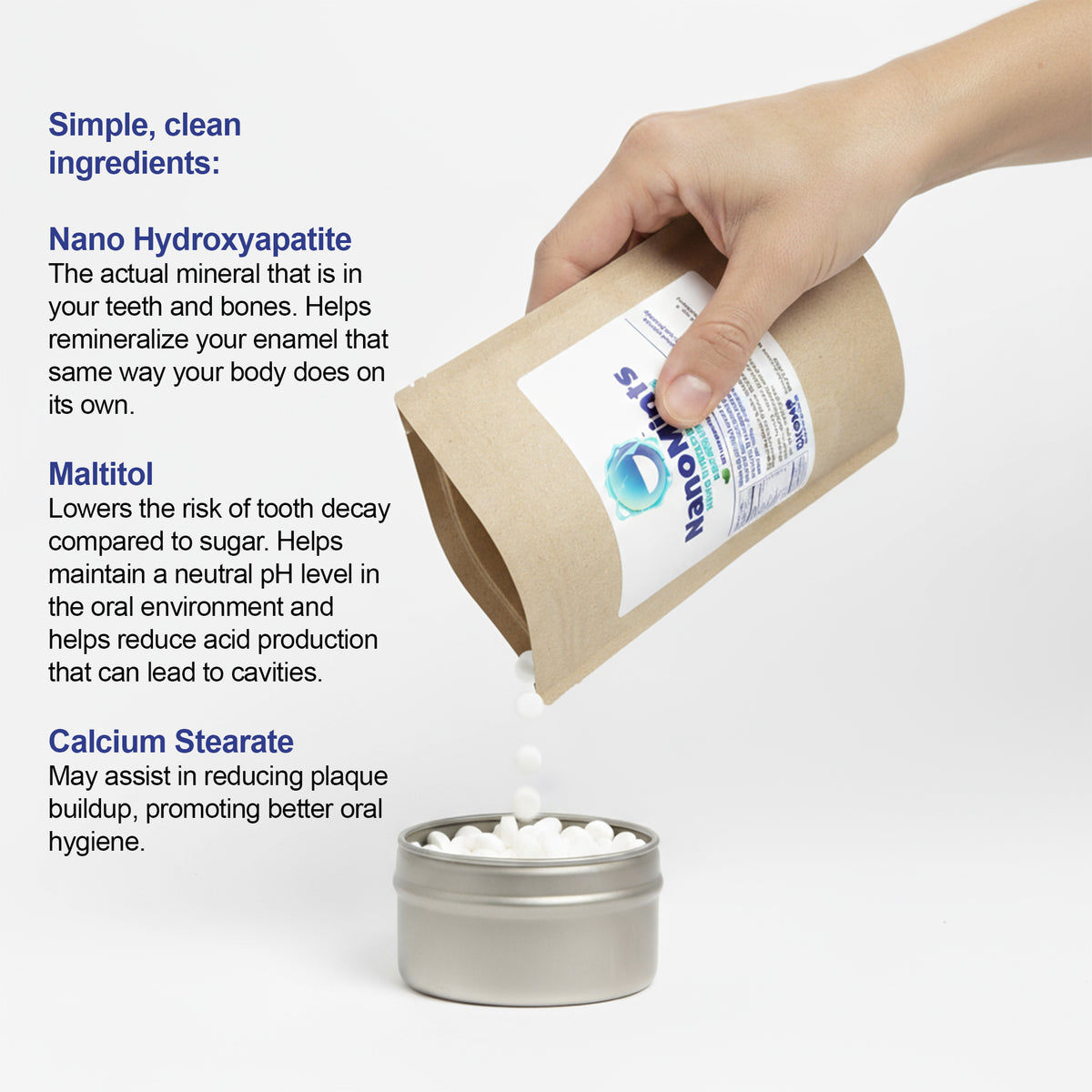 Hand holding a container of nano hydroxyapatite with product details on a white background