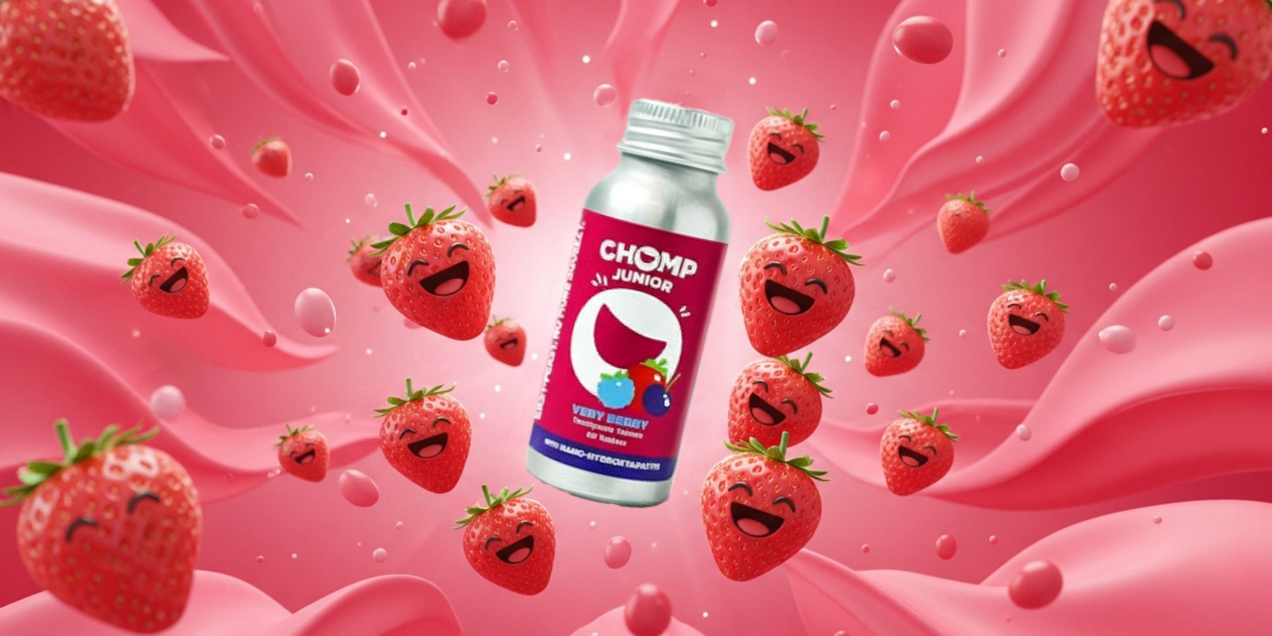 Chomp drink bottle surrounded by animated strawberries on a pink background