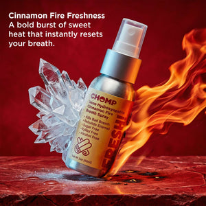 Chomp cinnamon fire breath spray with flames and ice crystals on a red background