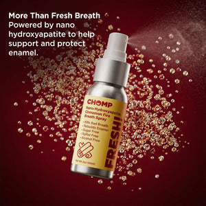 Chomp nano hydroxyapatite cinnamon fire breath spray bottle with text on a red background