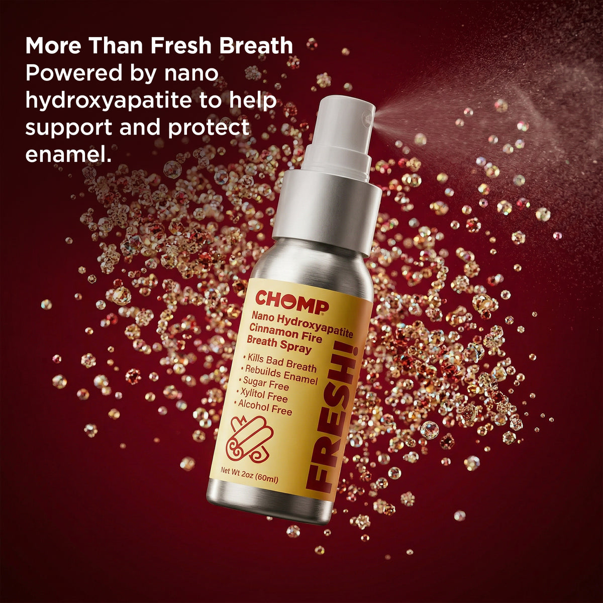 Chomp nano hydroxyapatite cinnamon fire breath spray bottle with text on a red background