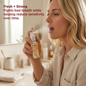 Woman using a dental spray with text about fresh breath and reduced sensitivity.