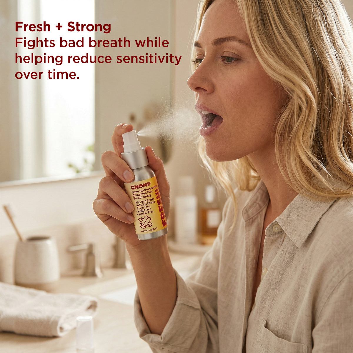 Woman using a dental spray with text about fresh breath and reduced sensitivity.