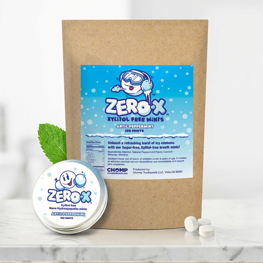 Zerox xylitol free mints packaging and container on a marble surface with a white background
