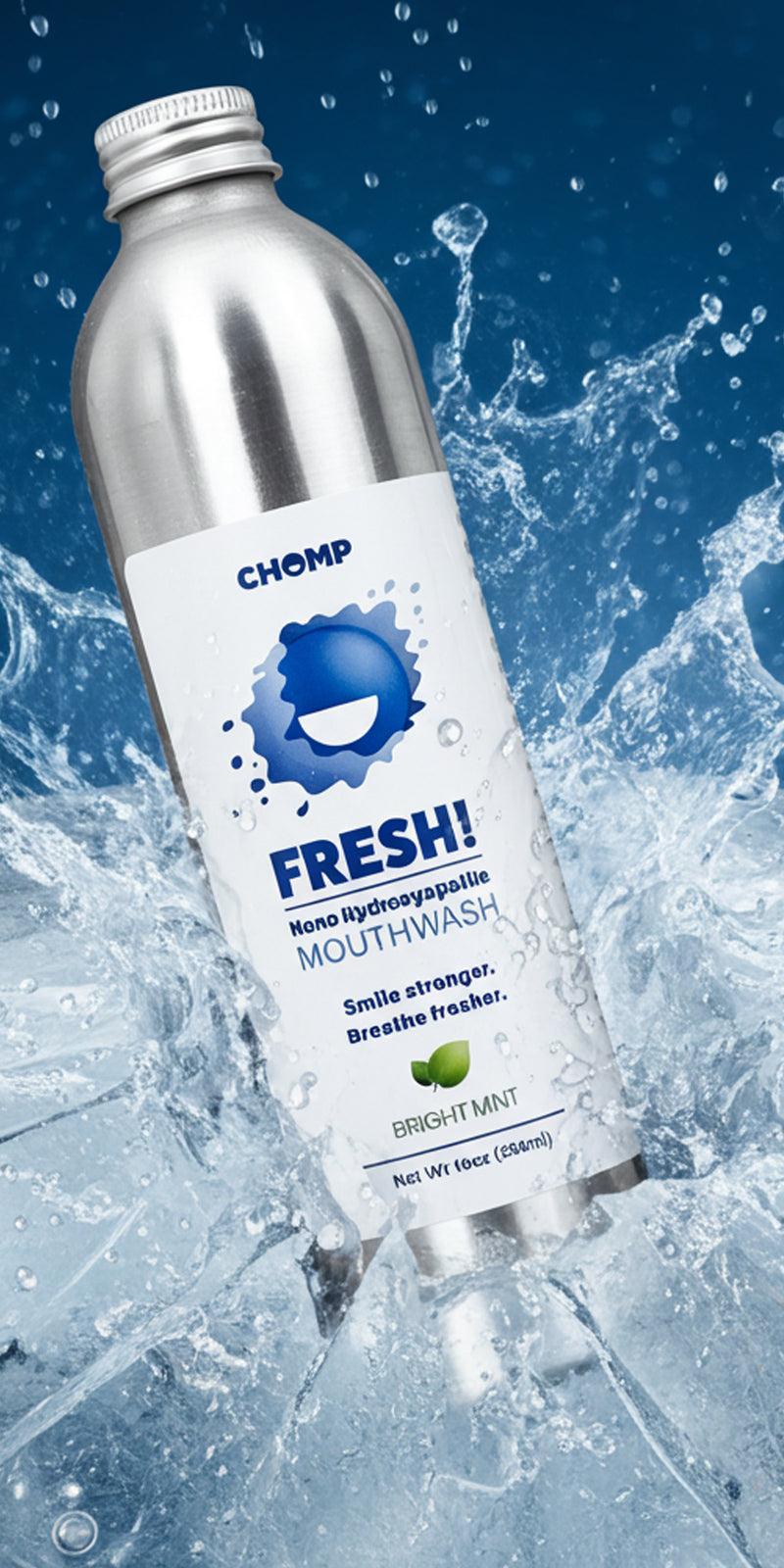 Bottle of Chomp mouthwash with water splash background