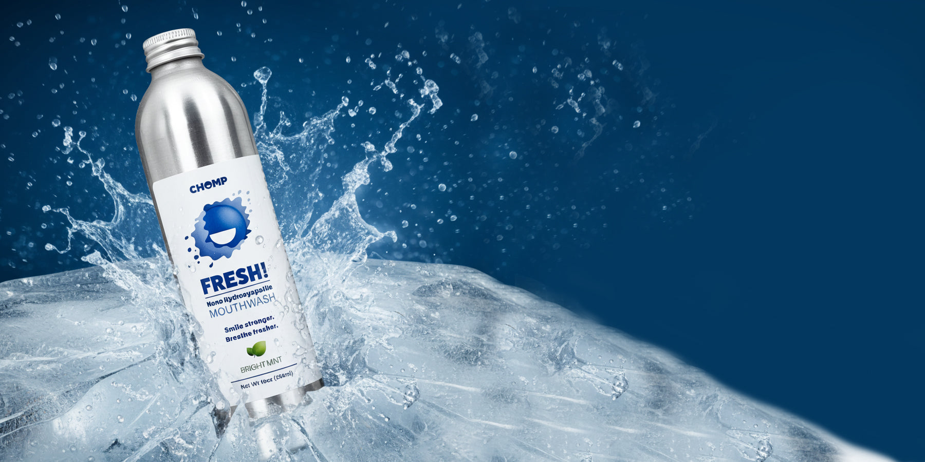 Bottle of CHOP Fresh mouthwash with water splashes on a blue background