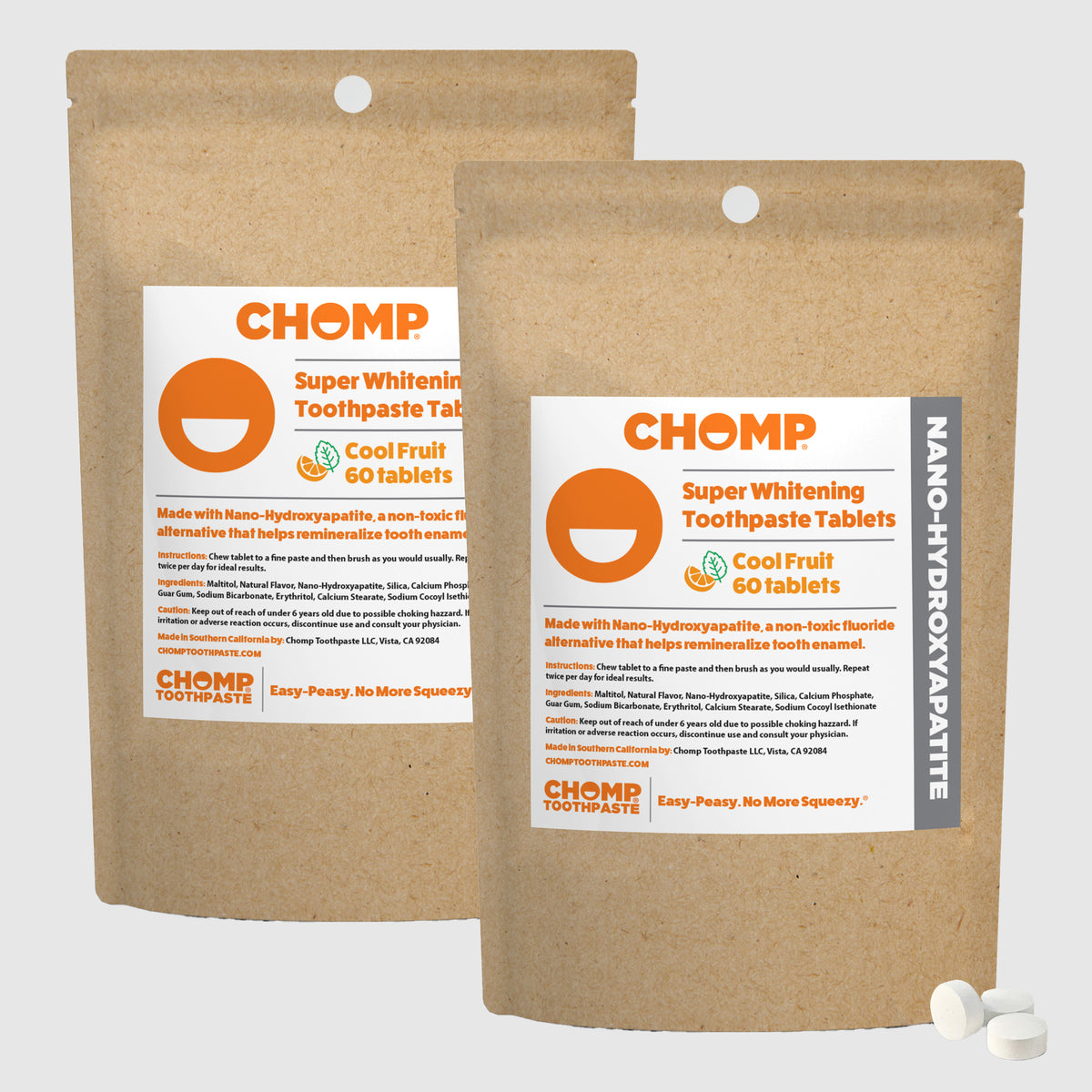 Two packages of CHOMP Super Whitening Toothpaste Tablets on a white background