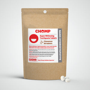 CHOMP super whitening toothpaste tablets packaging on a white background