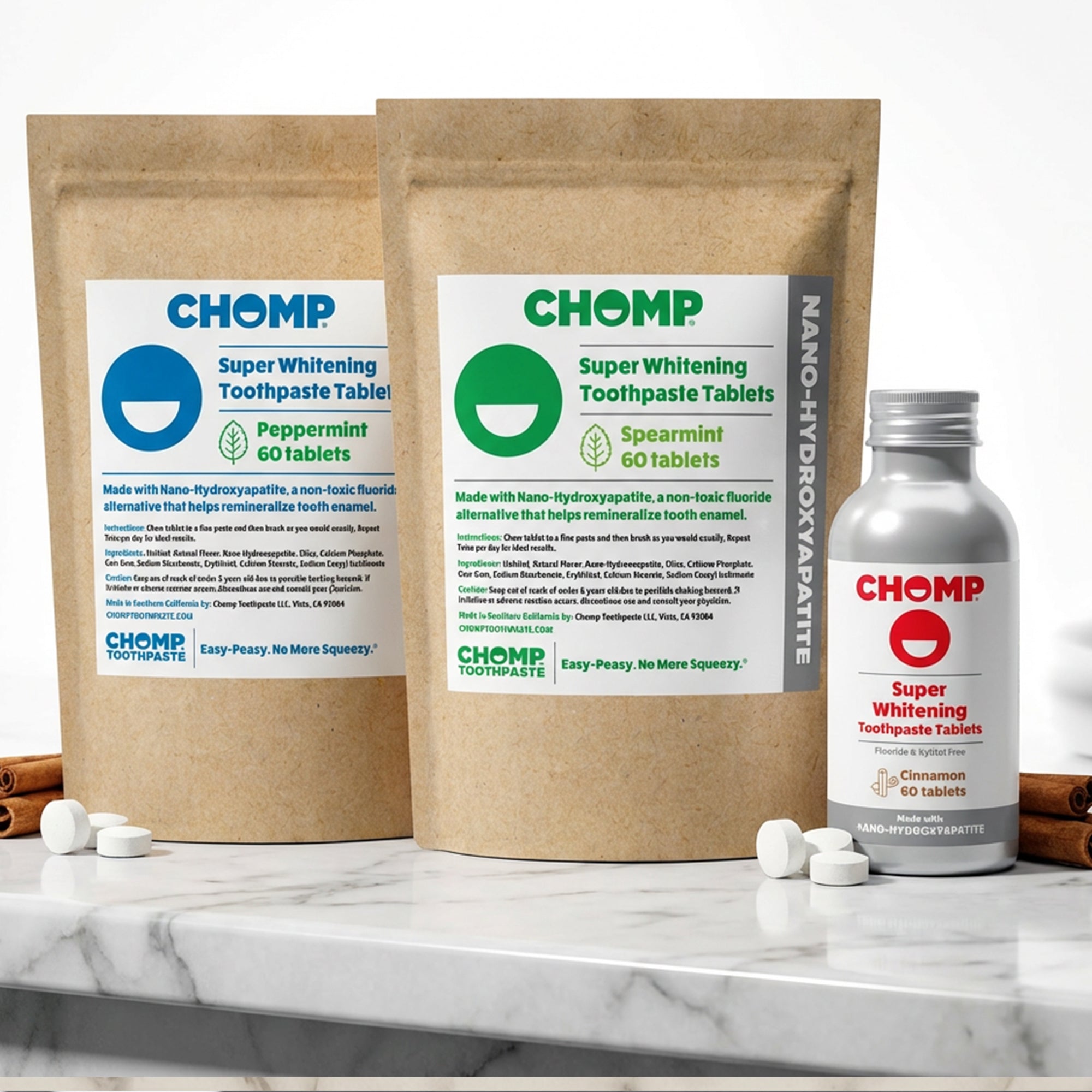 CHOMP super whitening toothpaste tablets packaging on a marble surface