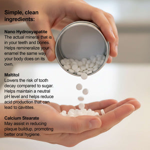 Hand holding a container of white pellets with text about their ingredients and benefits.