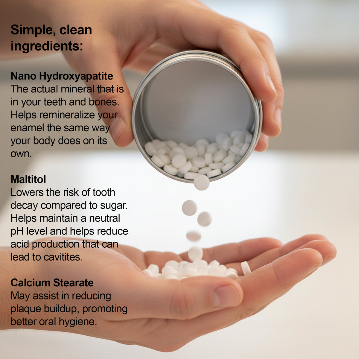 Hand holding a container of white pellets with text about their ingredients and benefits.