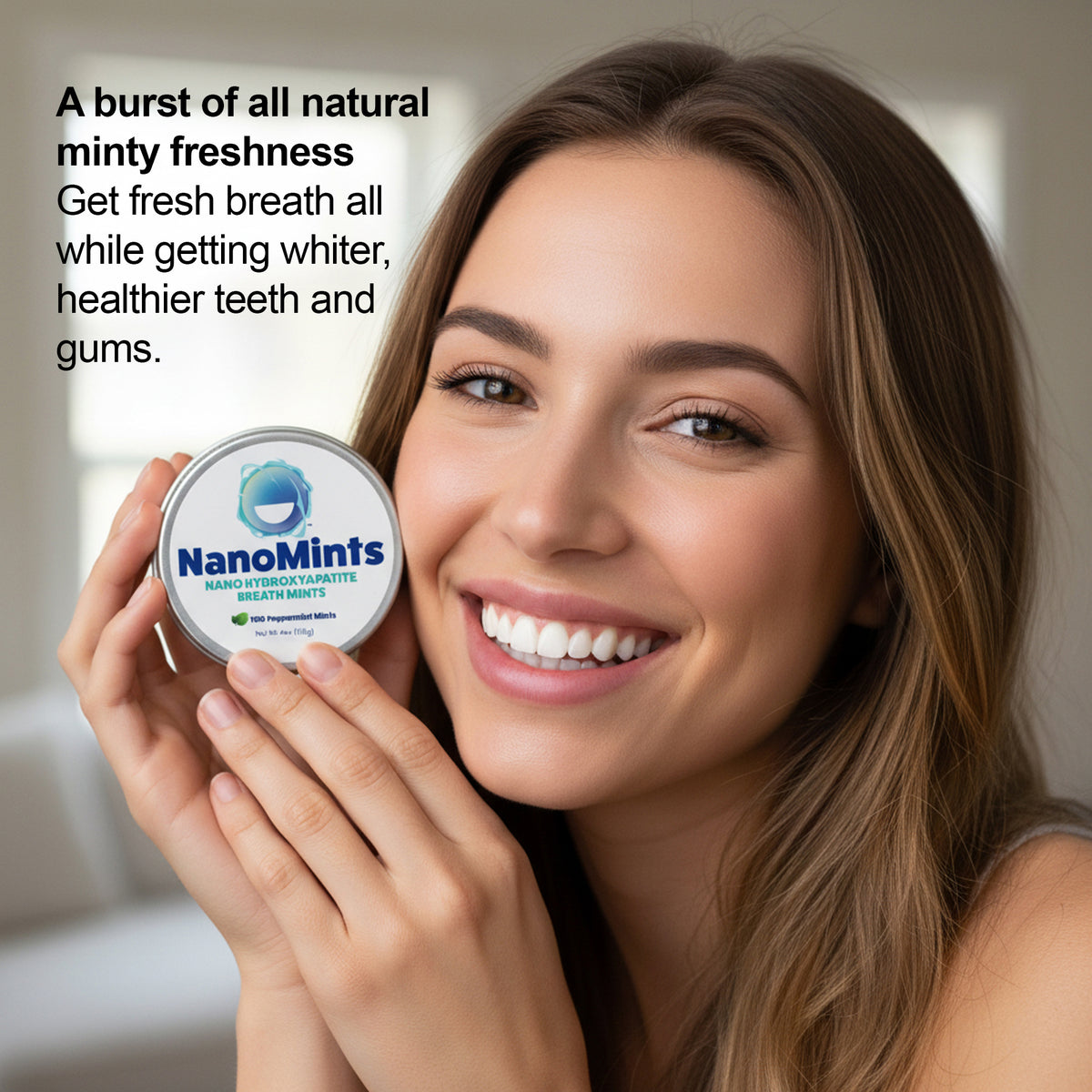 Woman holding a container of NanoMints with text about minty freshness and dental benefits.