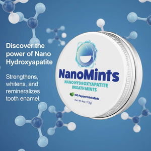 NanoMints Nano Hydroxyapatite Breath Mints container with molecular structures on a blue background