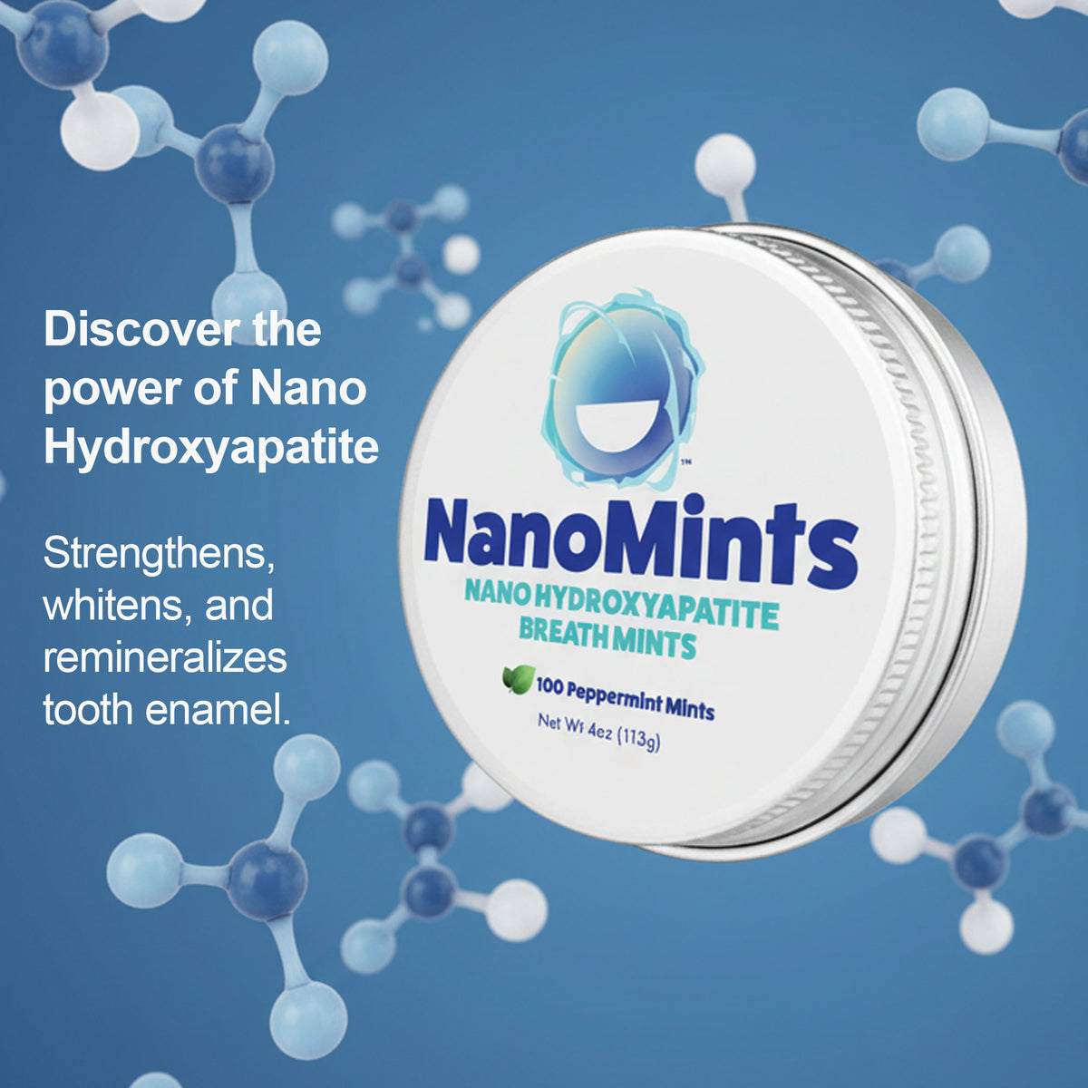 NanoMints Nano Hydroxyapatite Breath Mints container with molecular structures on a blue background
