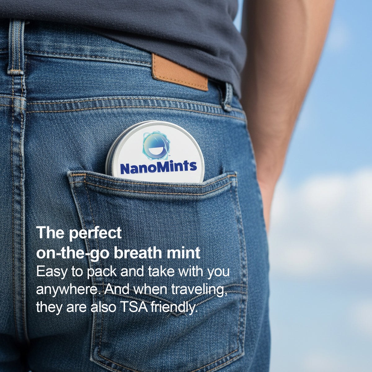 NanoMints breath mint container in a pocket with promotional text.