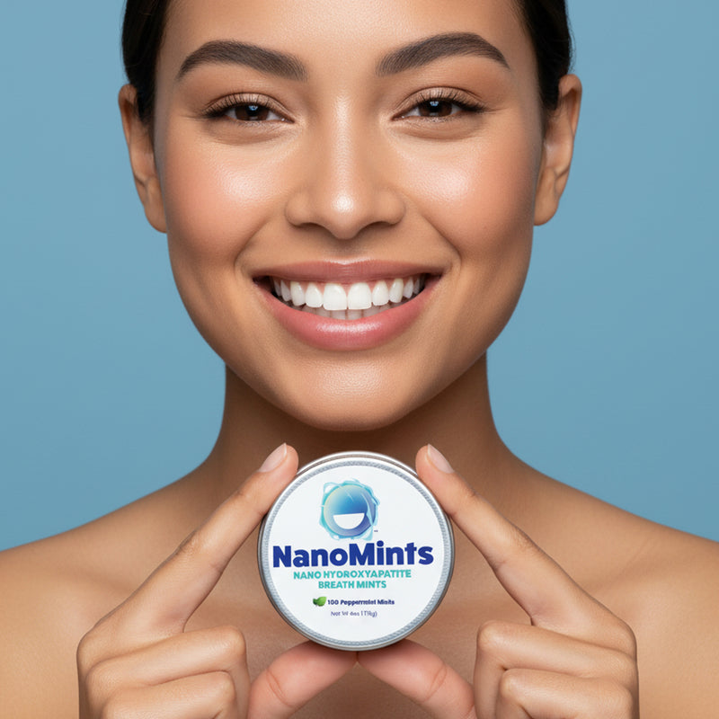 Woman holding a container of NanoMints against a blue background